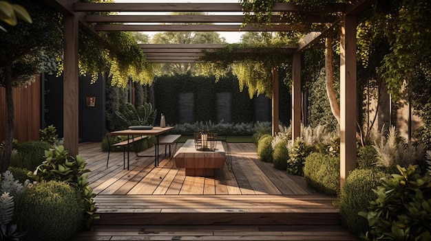 Luxury Living Outdoor Space Diseño interior de un lujoso jardín exterior por la mañana