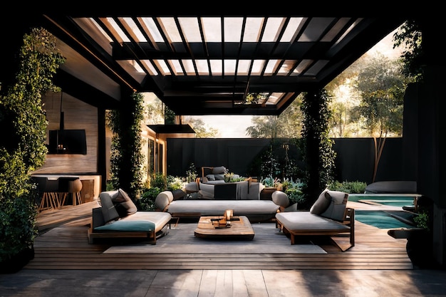 Luxury Living Outdoor Space Innenarchitektur eines großzügigen Außengartens am Morgen Generative KI