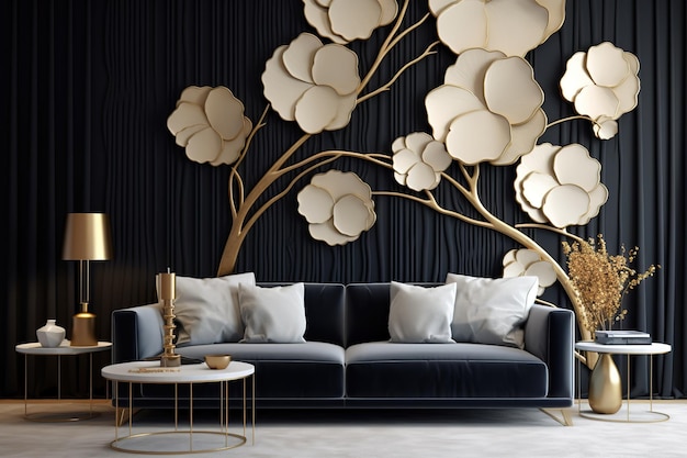 Luxury negro y dorado 3d interior mural diseño de papel tapiz floral hojas de árbol blancas y doradas