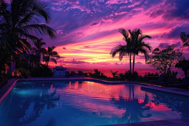 Luxury Sunset Backyard com vibrantes tons roxos e rosados com uma piscina e crepúsculo