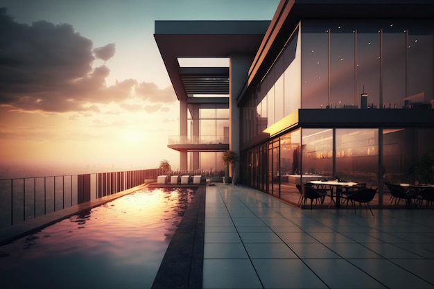 Luxus-Apartment-Terrasse mit Pool und Blick auf die Stadt Luxus-Penthouse AI