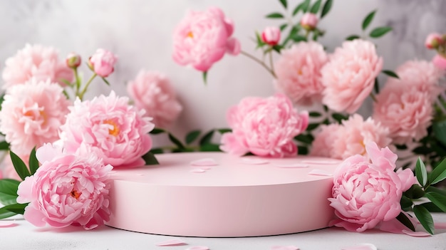 Luxus-Beauty-Podium-Bühne-Piedestal-Plattform für Kosmetikprodukte mit rosa weißen Pionen auf rosa