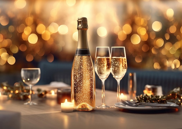 Foto luxus-champagnerflasche mit gläsern auf dem tisch in einem schicken restaurantai generative