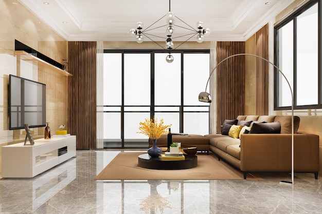 Luxus der Wiedergabe 3d und modernes Wohnzimmer mit ledernem Sofa