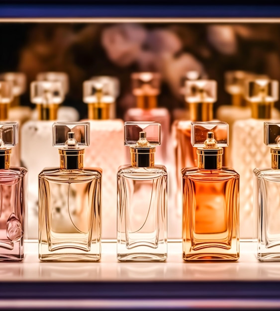 Luxus-Duftflaschen bei Parfümduft bei Präsentationsveranstaltung maßgeschneiderte Parfümerie- und Schönheitsprodukte Verkauf nachverarbeitete generative ai