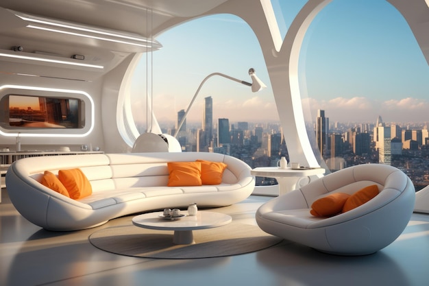 Luxus-futuristisches Innenarchitektur Weiße Sofas und orangefarbene Kissen Stadt der Zukunft