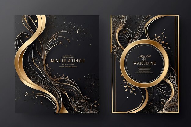 Foto luxus hochzeits-einladungskarte hintergrundvektor goldene elegante geometrische form goldene wellenlinien auf dunklem hintergrund
