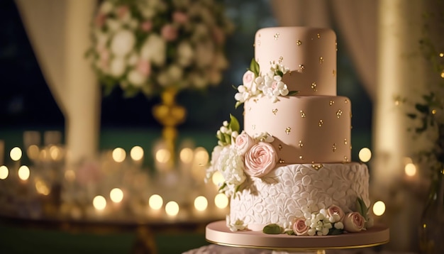 Luxus-Hochzeitstorte exklusives High-End-Design wunderschön dekorierte professionelle mehrstöckige Premium-Torte als Hauptdessert für exquisite Hochzeitsfeiern Generative Ai