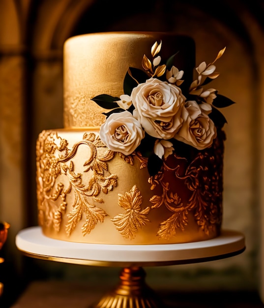 Luxus-Hochzeitstorte exklusives High-End-Design wunderschön dekorierte professionelle mehrstöckige Premium-Torte als Hauptdessert für exquisite Hochzeitsfeiern Generative Ai