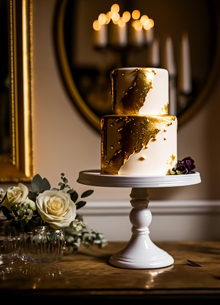 Luxus-Hochzeitstorte exklusives High-End-Design wunderschön dekorierte professionelle mehrstöckige Premium-Torte als Hauptdessert für exquisite Hochzeitsfeiern Generative Ai