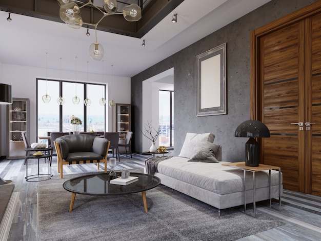 Luxus-Maisonette-Wohnung im Loft-Stil, moderne Möbel und Backsteinwände mit Designer-Kamin im Inneren, Innenarchitektur im Loft-Stil. 3D-Rendering
