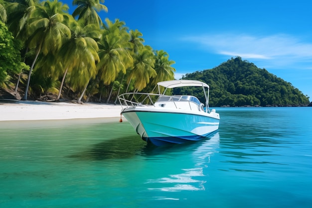 Luxus-Motorboot, verankert auf einer abgelegenen Insel mit kristallklarem Wasser