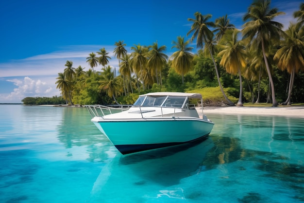 Luxus-Motorboot, verankert auf einer abgelegenen Insel mit kristallklarem Wasser
