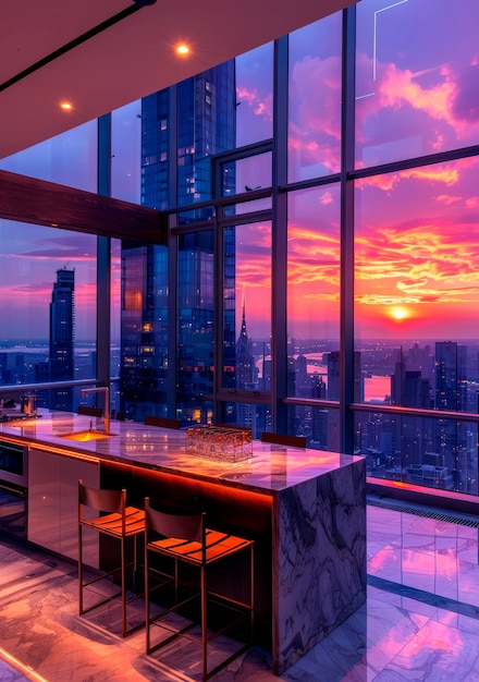 Luxus-Penthouse-Küche mit Panoramablick auf die Stadt und schlankem Design in der Dämmerung