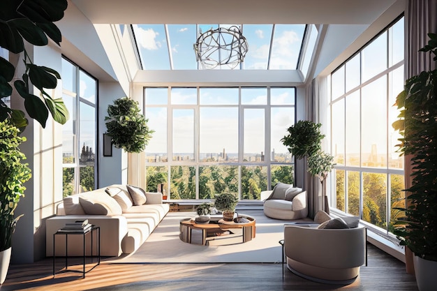 Luxus-Penthouse mit herrlichem Blick auf die Stadt, umgeben von viel Grün und blauem Himmel