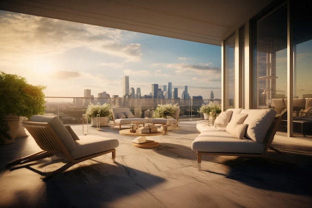 Luxus-Penthouse-Terrasse mit Außenmöbeln, die mit generativer KI-Technologie erstellt wurden