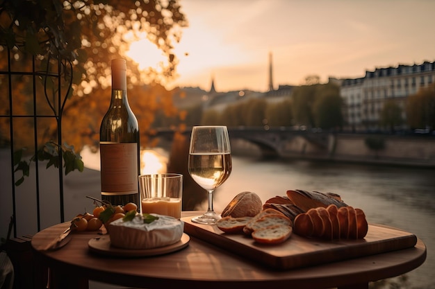 Luxus-Picknick in Paris mit einem Käseplateau und Wein an der Seine generative ai