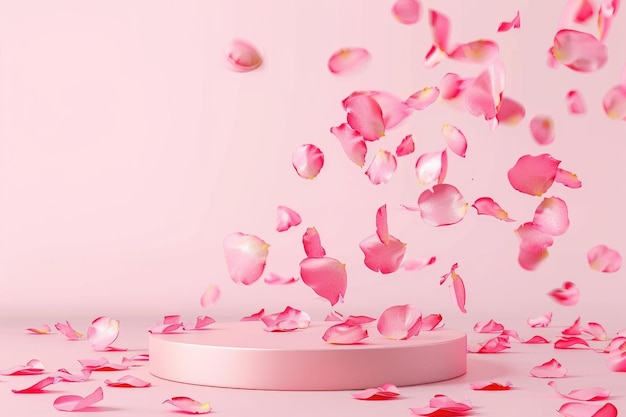 Luxus-Pink-Produktvitrine mit fallenden Rosenblättern