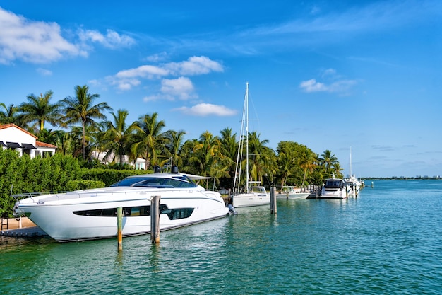 Luxus-Privatyacht im Hafen von Miami mit Palmen