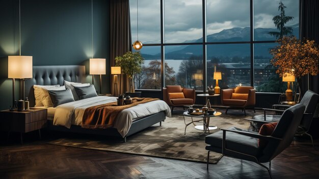 Luxus-Schlafzimmer-Interieur mit Bettwäsche dunkler Ton und moderner Stil Stein und Holz Kopfboden Holzboden