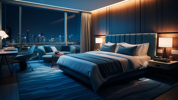 Luxus-Schlafzimmer-Interieur mit Bettwäsche dunkler Ton und moderner Stil Stein und Holz Kopfboden Holzboden