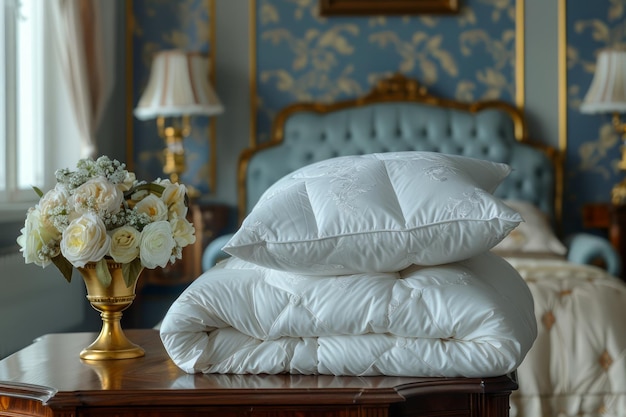Luxus-Schlafzimmer-Interieur mit eleganten Blumenarrangements und eleganten weißen Bettwäsche auf einem klassischen Bett