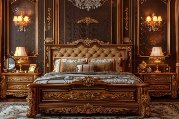 Luxus-Schlafzimmer-Interieur mit geschnitzter Holz-Bettkammer und Nachttisch