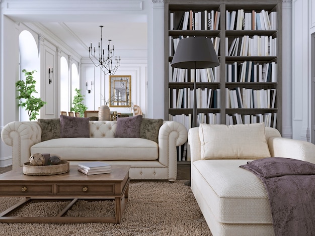 Luxus-Sofa im klassischen Wohnzimmer mit Bibliothek. 3D-Rendering