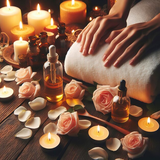 Luxus-Spa-Behandlung bei Kerzenlicht Aromatherapie Massage der Blütenblätter Entspannung Wohlbefinden