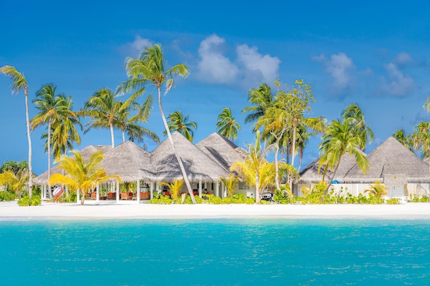 Luxus-Strandvillen, atemberaubendes blaues Meer mit Hausriffkorallen über weißem Sandstrand und Palmen