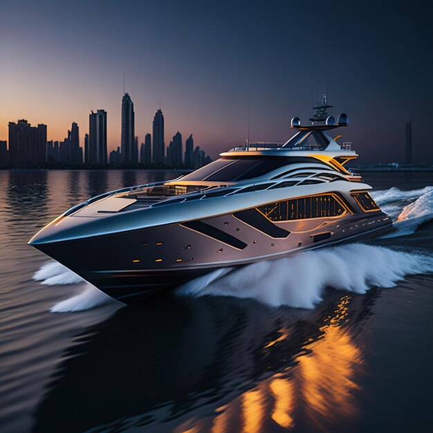 Foto luxus-super-silber-yacht mit modernem design auf dem ozean mit sonnenuntergang