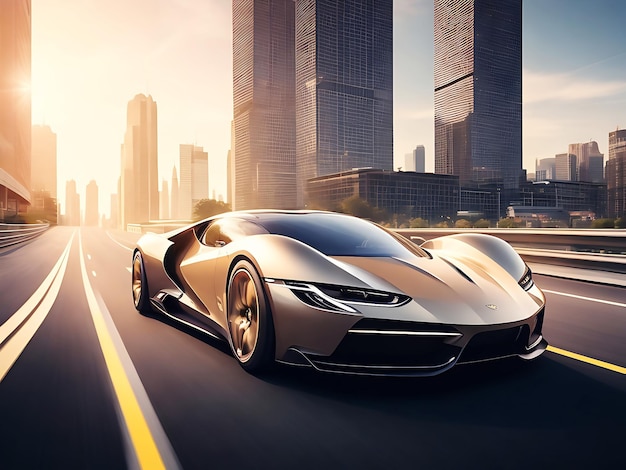 Luxus-Supersportwagen-Zukunftsdesign beim Fahren auf der modernen Stadtautobahn