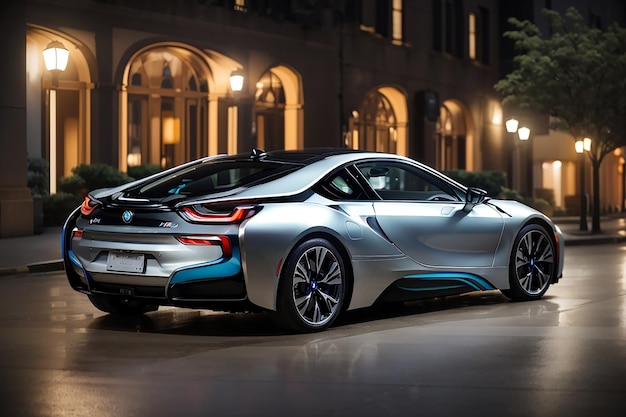 Luxus und ein silberner BMW i8 unter den Lichtern im Ausstellungsraum der Istanbul Turkey International Auto Show