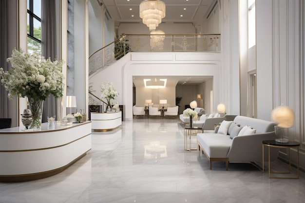Luxus- und Eleganz-Schönheitssalon oder Büro-Empfangsbereich mit Empfangstresen aus Marmor