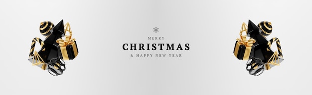 Luxus-Weihnachten 3D-Render-Banner oder Grußkarte. Moderne minimale Neujahrs- und Weihnachtsdekoration in Gold und Schwarz mit Baum, Süßigkeiten, Ball, Geschenkbox auf schwarzem Hintergrund