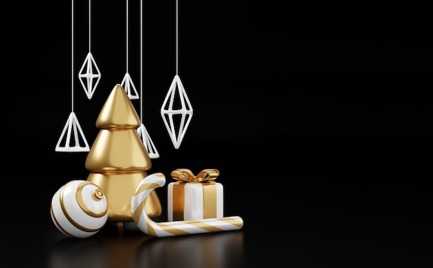 Luxus-Weihnachten 3D-Render-Banner oder Grußkarte. Moderne minimale Neujahrs- und Weihnachtsdekoration in Gold und Schwarz mit Baum, Süßigkeiten, Ball, Geschenkbox auf schwarzem Hintergrund