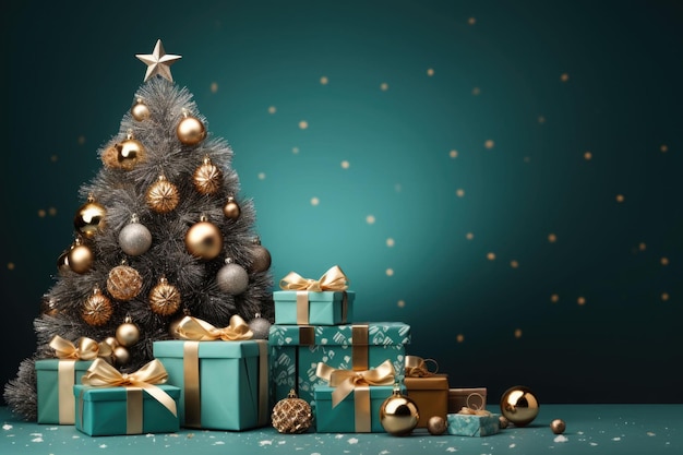 Luxus-Weihnachtsbanner mit Geschenken und einem Weihnachtsbaum im Hintergrund Generative KI-Illustration