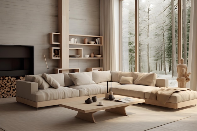 Foto luxus-wohnzimmer mit weißem sofa und holzmöbeln