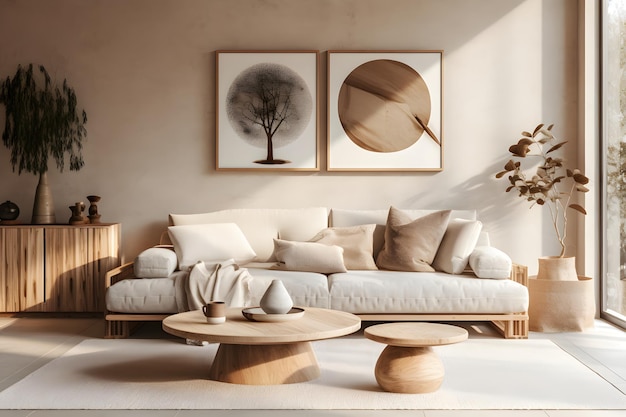 Foto luxus-wohnzimmer mit weißem sofa und holzmöbeln