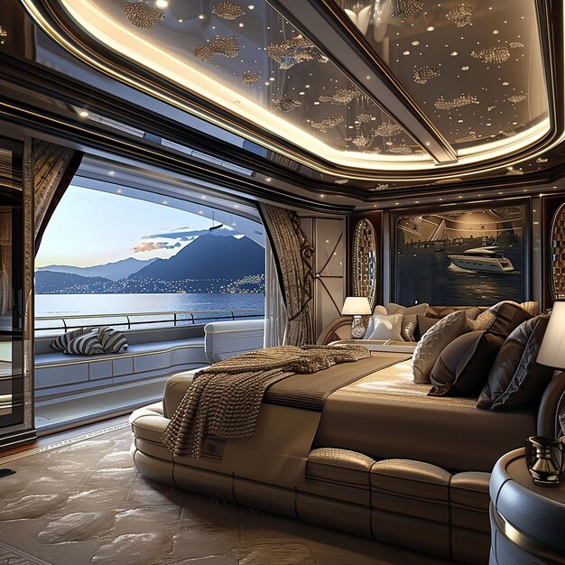 Foto luxus-yacht-interieur mit hochwertigen leder-sofa-sesseln und schrank