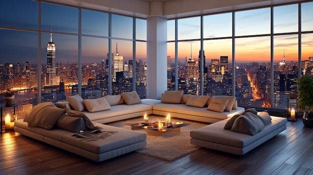 Luxusapartment, Skyline, Stadtblick, Penthouse, Wohnzimmer, generative KI