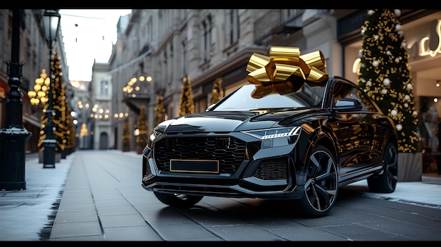Luxusauto mit goldenem Bogen auf einer Stadtstraße, geschmückt für Weihnachten, perfekt für die Weihnachtspromotion von KI