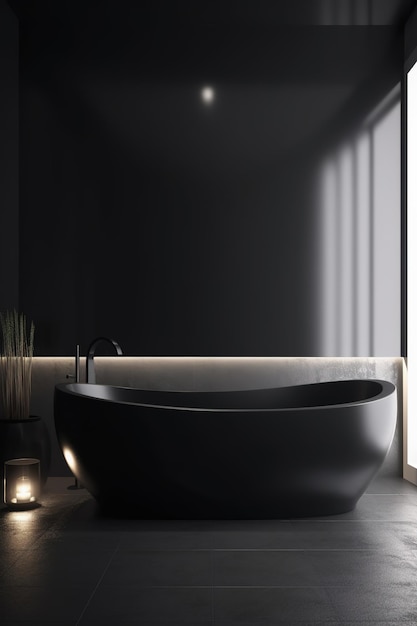 Luxusbadezimmer mit Fenster Moderne große mattschwarze Badewanne und Betonfliesen AI