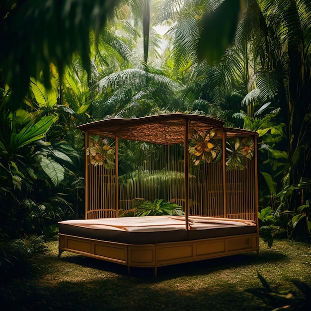 Luxusbett im Regenwald Film und die weite Wiese Tageslicht generative ai