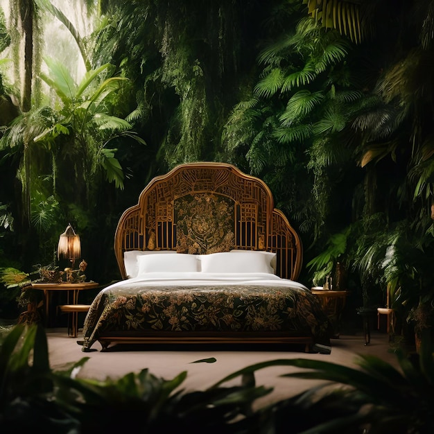 Foto luxusbett im regenwald film und die weite wiese tageslicht generative ai