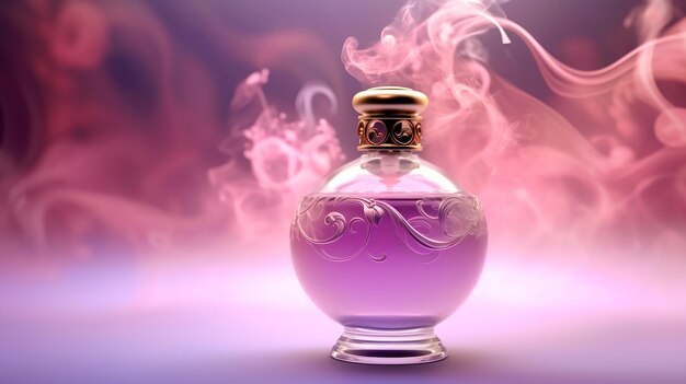 Luxusglas- oder Kristallparfümflasche mit Rauchwellen im Hintergrund in rosa-violettem Thema