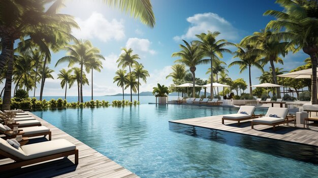 Luxushotel mit Schwimmbad mit weißen modischen Liegestühlen am Strand Außenarchitektur