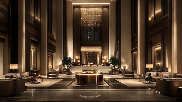 Foto luxushotell-lobby mit großem eingang und stilvollen möbeln