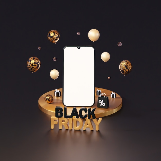 Luxusmodell des smartphones für black friday auf dem podium 3d-rendering