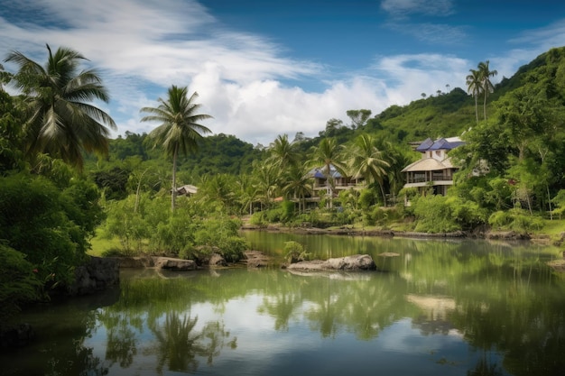 Luxusresort, umgeben von üppigem Grün und kristallklarem Wasser, geschaffen mit generativer KI